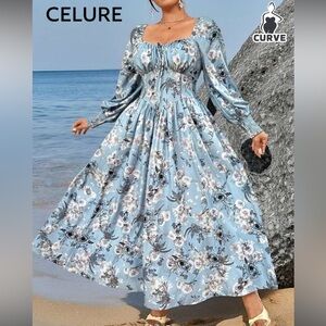 SHEIN Elegant Floral Print Bra Cup Belted Lantern Sleeve Dress 2XL